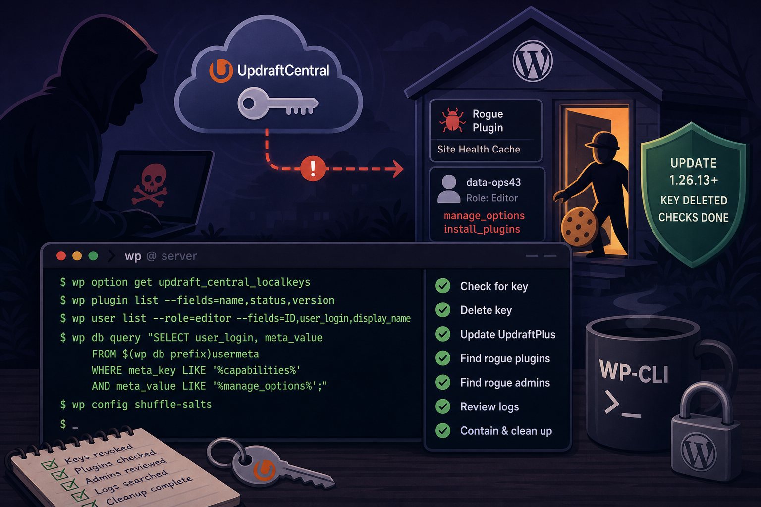 UpdraftCentral key theft: WP-CLI checks for rogue plugins and admins