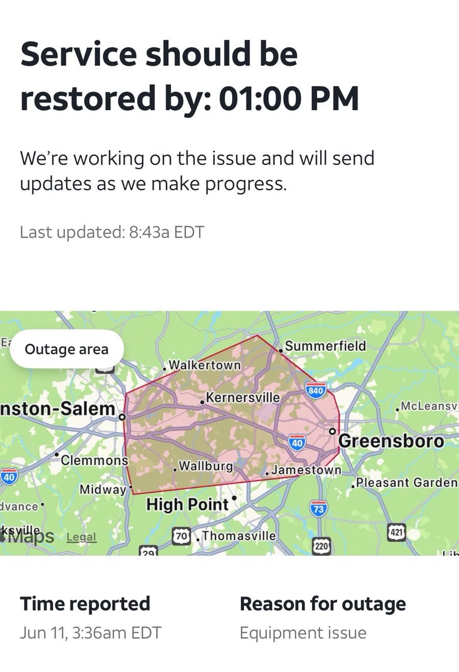 Triad outage area map — Greensboro, Winston-Salem, High Point